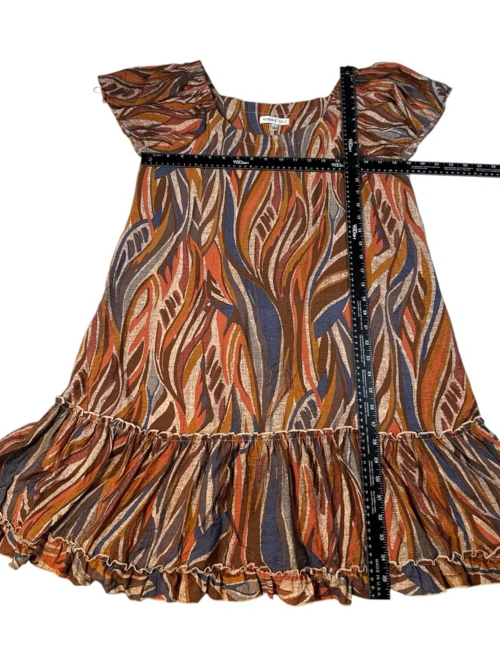 Robbie Bee Boho Mini Dress Earth Tone Abstract Print Ruffle Hem Flowy Size L - Picture 6 of 8